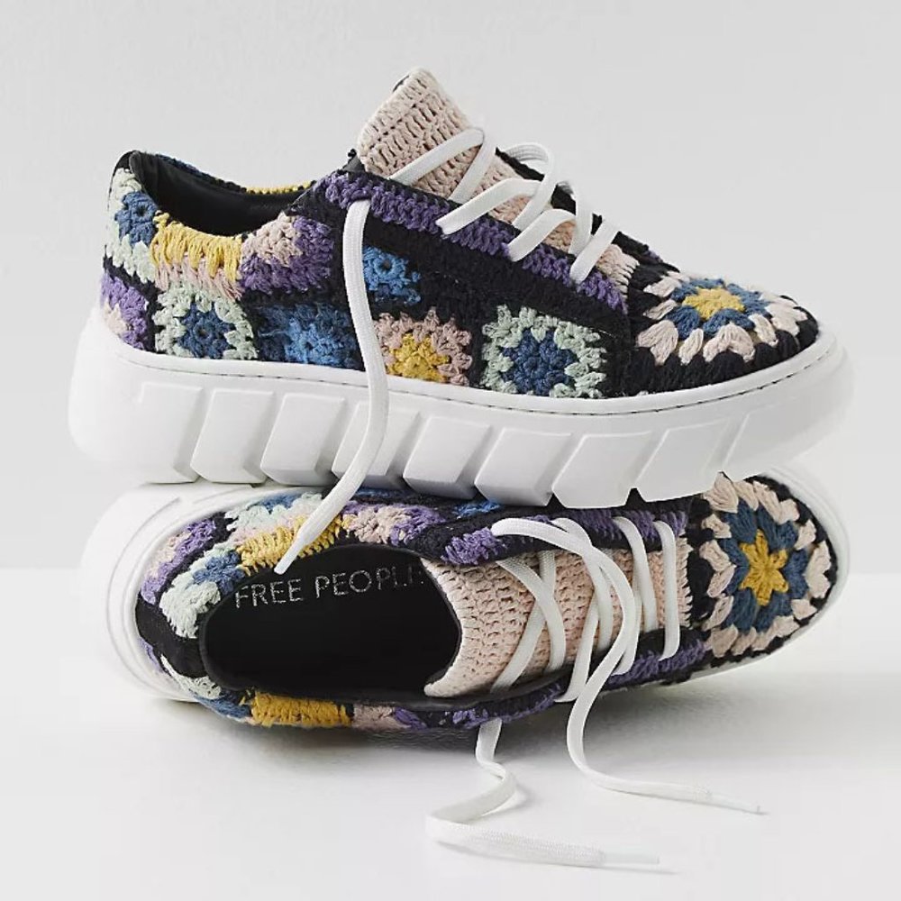 Free People Crochet Platform Sneakers in Black, Purple, Blue, Yellow, Cream